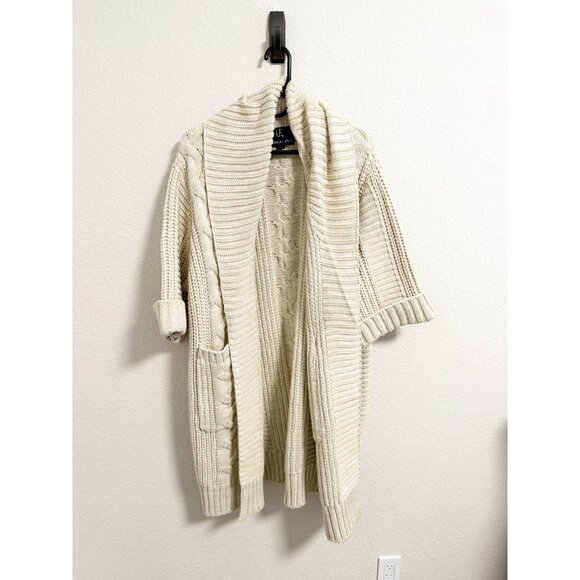 Unreal Fur Cream Chunky Knit Cardigan Ribbed Open Front Shawl Collar Small - Picture 2 of 6
